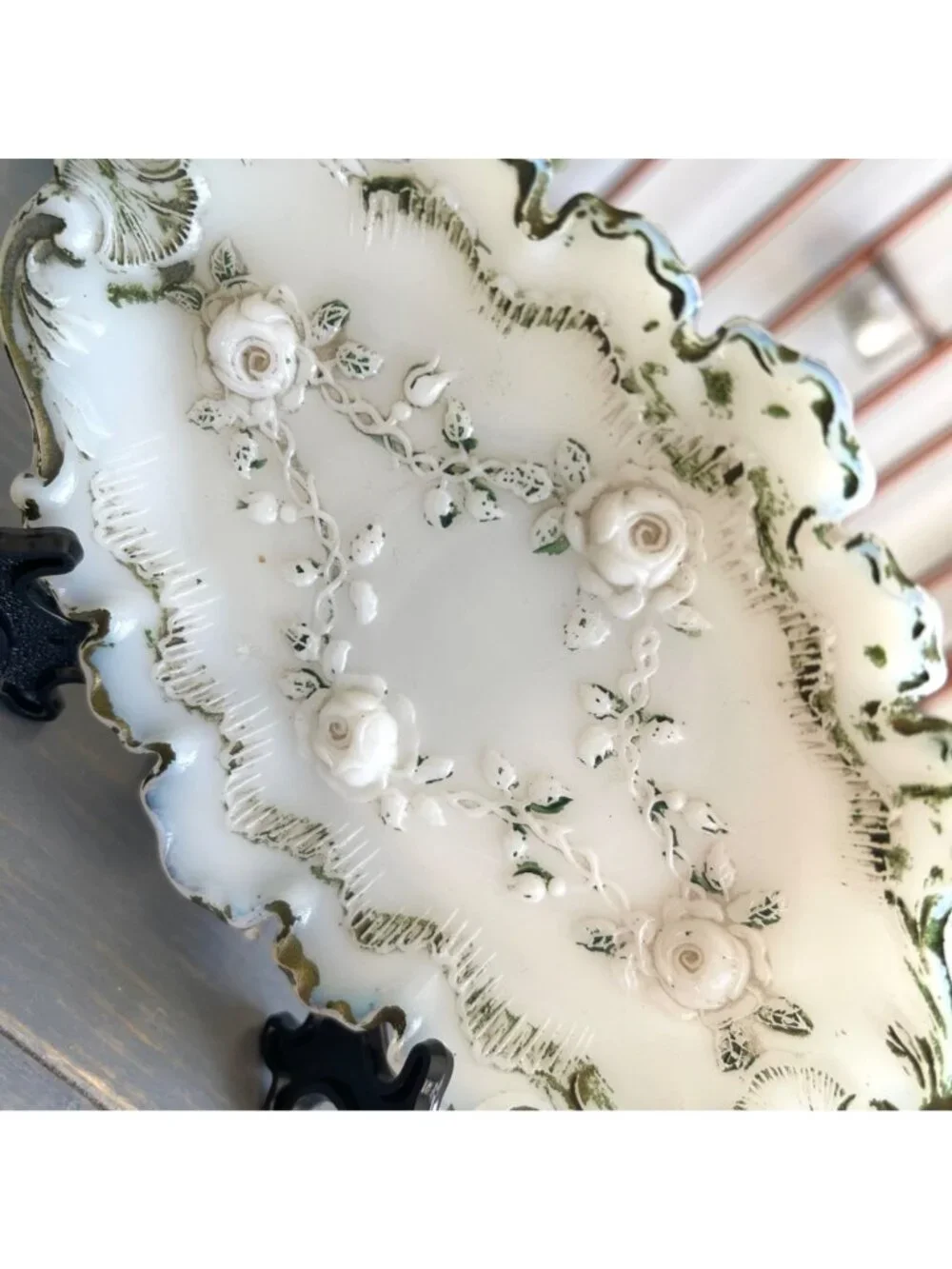 Antique Late 1800s Victorian Vanity Tray White Opaque Milk Glass Scalloped Edges